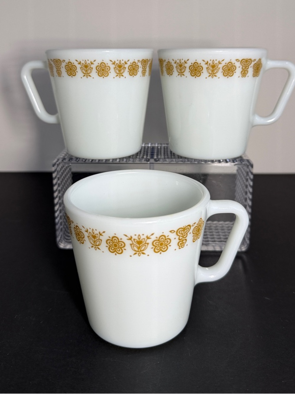 Vintage Pyrex Butterfly Gold Milk Glass Mugs Set of 3 - No. 1410 D-Handle